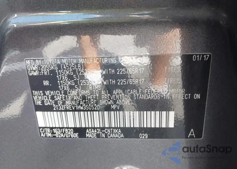 2017 Toyota Rav4 Le z USA, uszkodzony, nr VIN 2T3ZFREV1HW350520